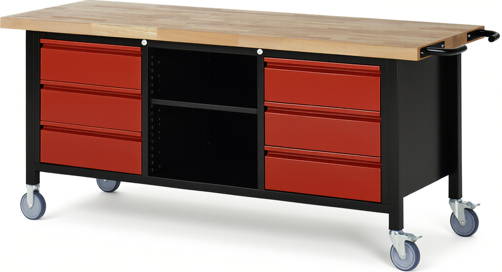 RAU Werkbank schwarz - rot - Breite 200 cm - Tiefe 70 cm - Höhe 88 cm - Buche-Massiv Arbeitsplatte 40 mm