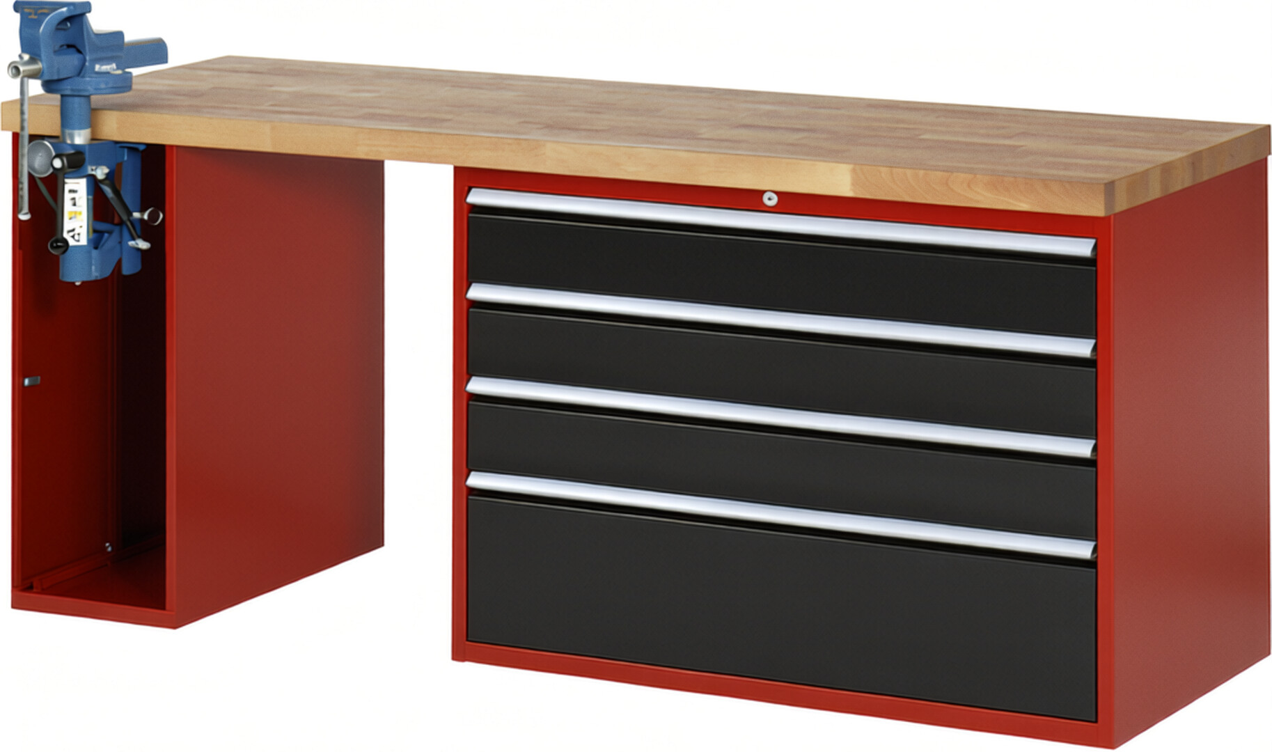 Werkbank Modell 7710 rot - schwarz, BxTxH 2000x700x840 mm,  Buche-Massiv Arbeitsplatte 40 mm,  4 Schubladen mit  Auszug 90 %