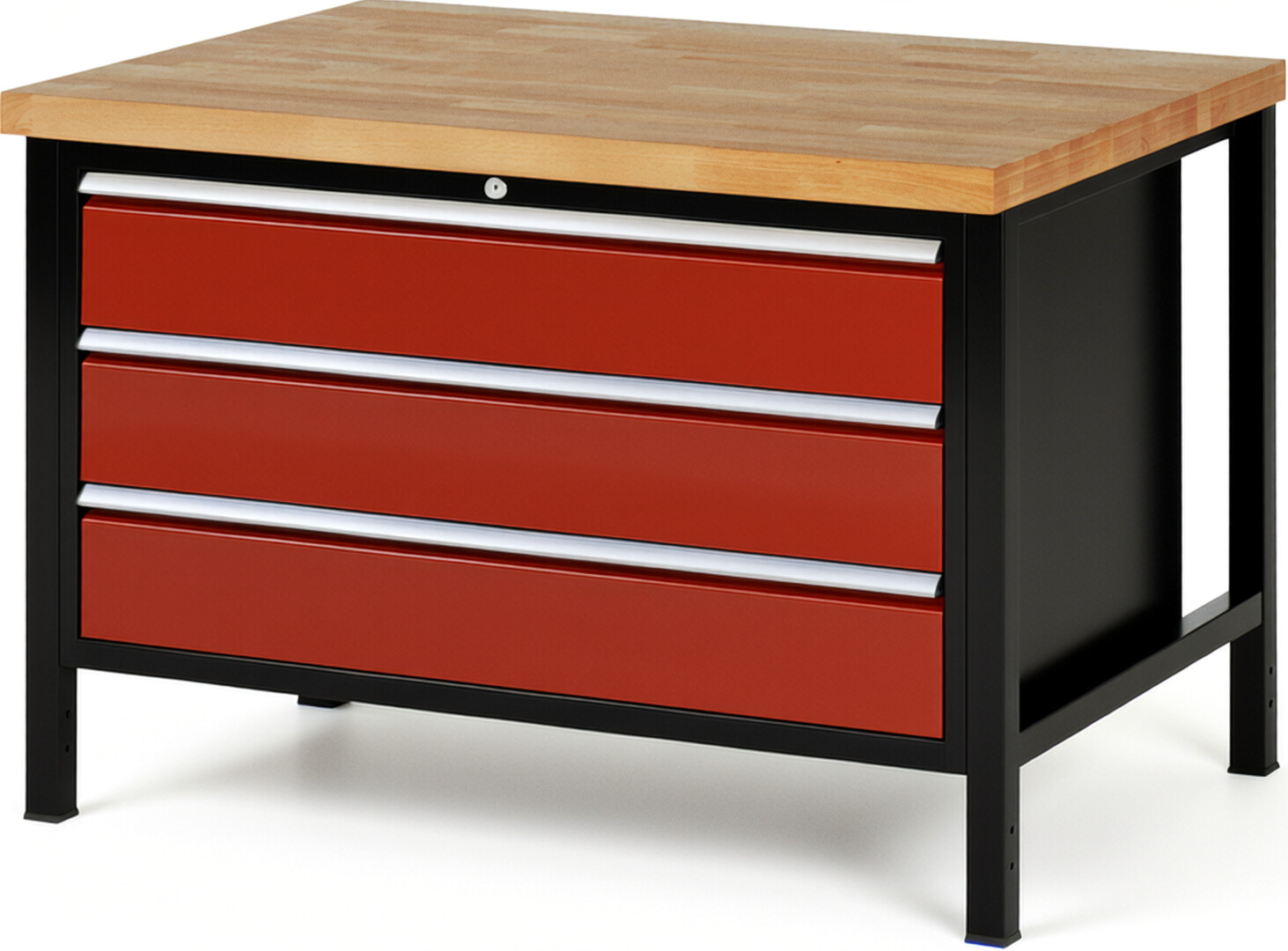 RAU Werkbank schwarz - rot - Breite 125 cm - Tiefe 90 cm - Höhe 104 cm - Buche-Massiv Arbeitsplatte 40 mm