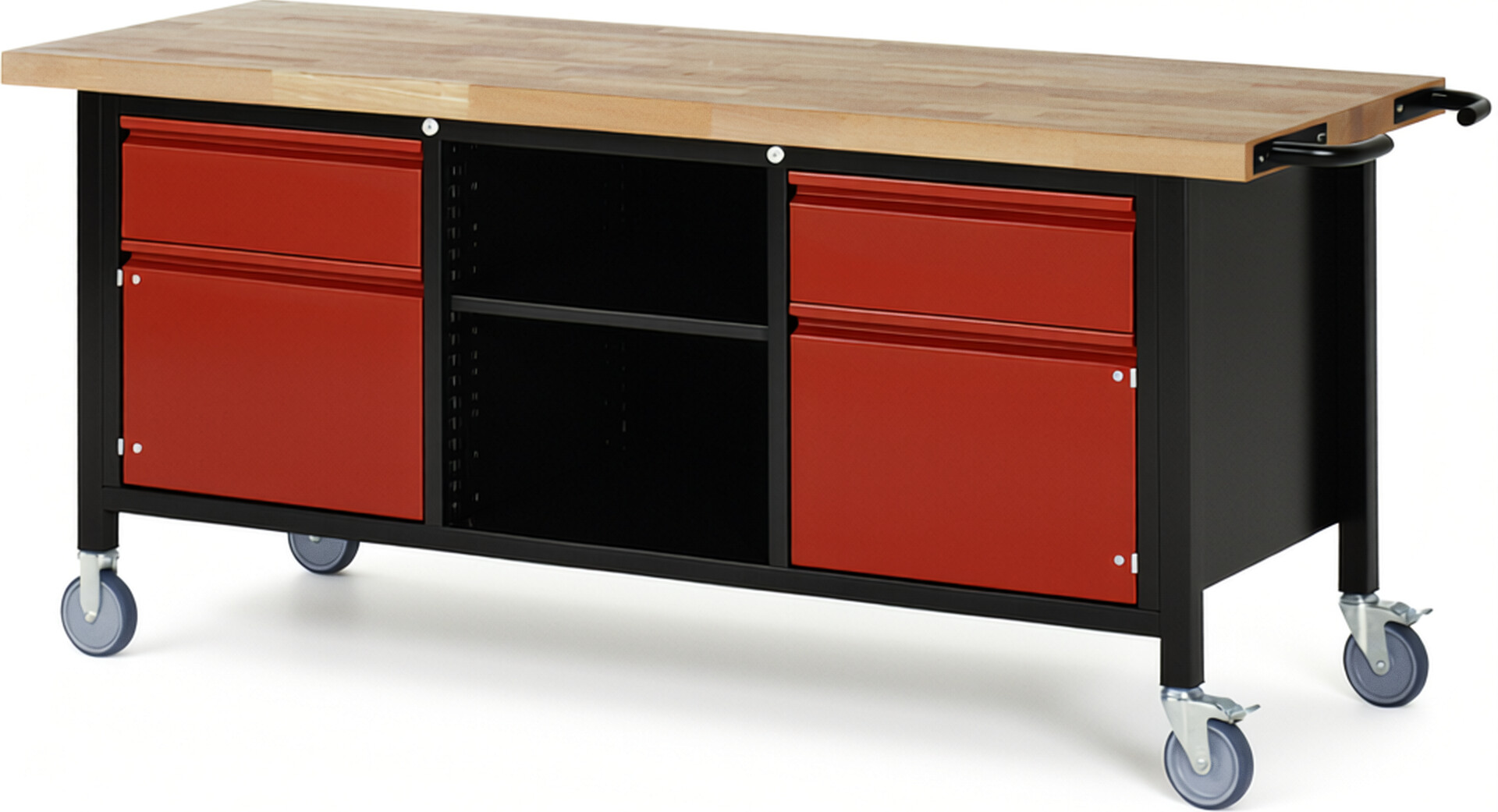 Fahrbare Werkbank - Modell 8561 BASIC schwarz-rot, BxTxH 2000x700x880 mm,  Buche-Massiv Arbeitsplatte 40 mm,  2 Schubladen mit  Auszug 90 %