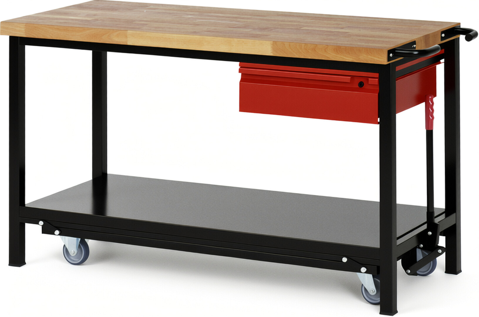 RAU Werkbank schwarz - rot - Breite 150 cm - Tiefe 70 cm - Höhe 88 cm - Buche-Massiv Arbeitsplatte 40 mm