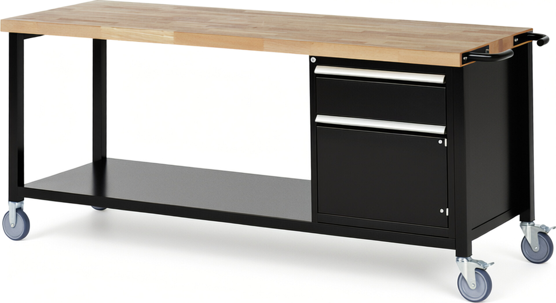 Fahrbare Werkbank Modell 8152 schwarz, BxTxH 2000x700x880-1080 mm,  Buche-Massiv Arbeitsplatte 40 mm,  1 Schublade mit  Vollauszug 100 % und  SoftClosing