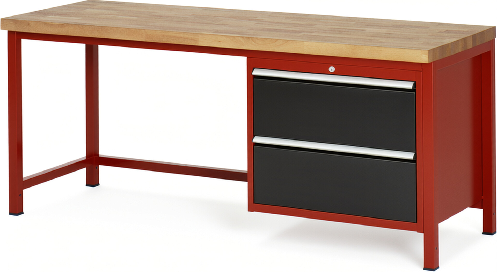 Werkbank Modell 8255 rot - schwarz, BxTxH 2000x700x840 mm,  Buche-Massiv Arbeitsplatte 40 mm,  2 Schubladen mit  Auszug 90 %