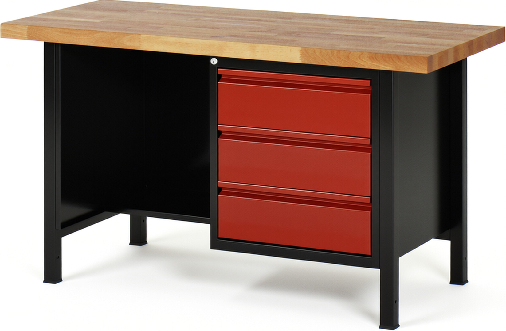 Werkbank schwarz - rot, Breite 150 cm, Tiefe 70 cm, Höhe 104 cm, 3 Schublade(n), Platte: Buche-Massiv-Arbeitsplatte