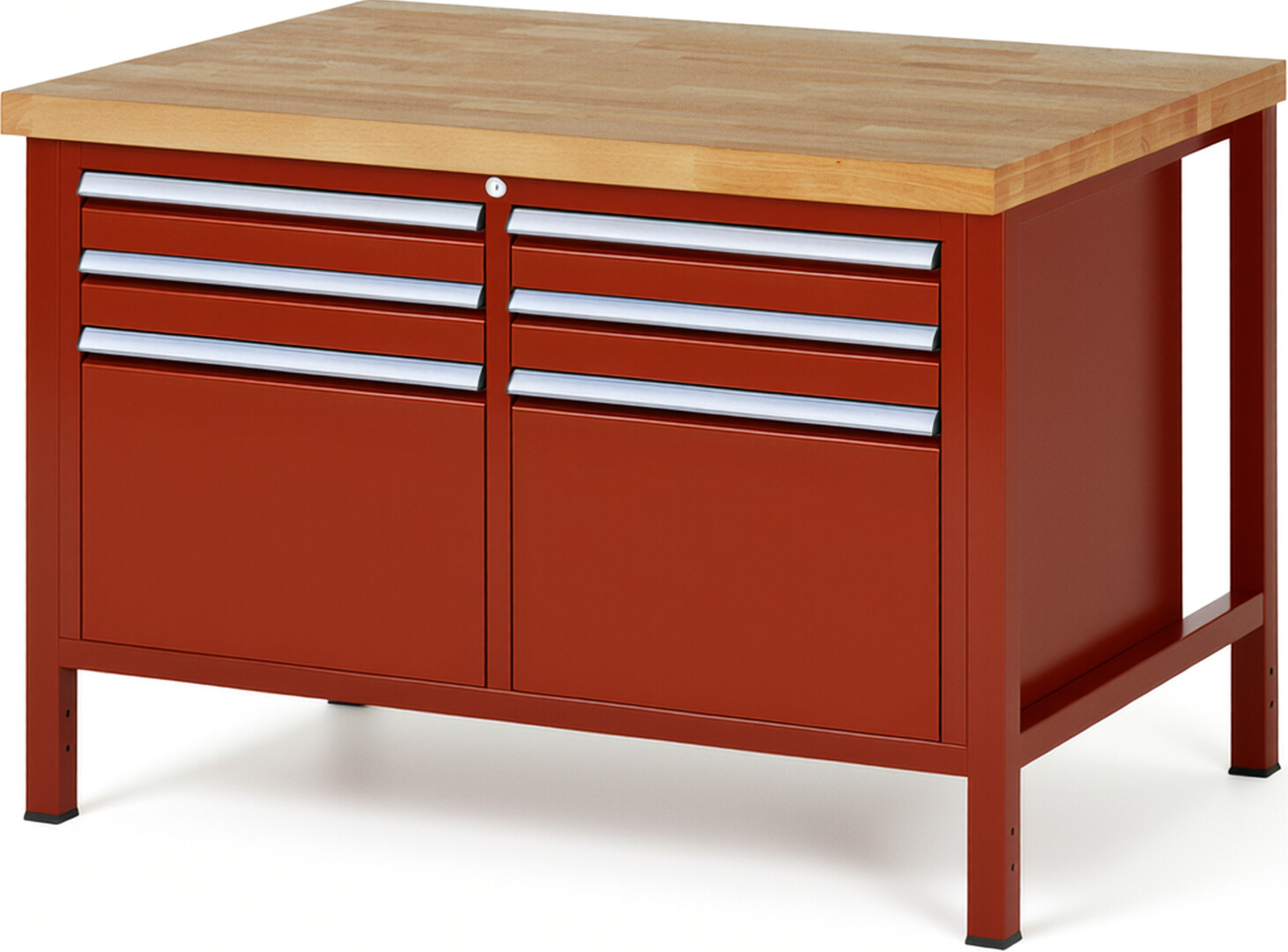 Werkbank Modell 8474 rot, BxTxH 1250x900x840 mm,  Buche-Massiv Arbeitsplatte 40 mm,  6 Schubladen mit  Vollauszug 100 % und  SoftClosing