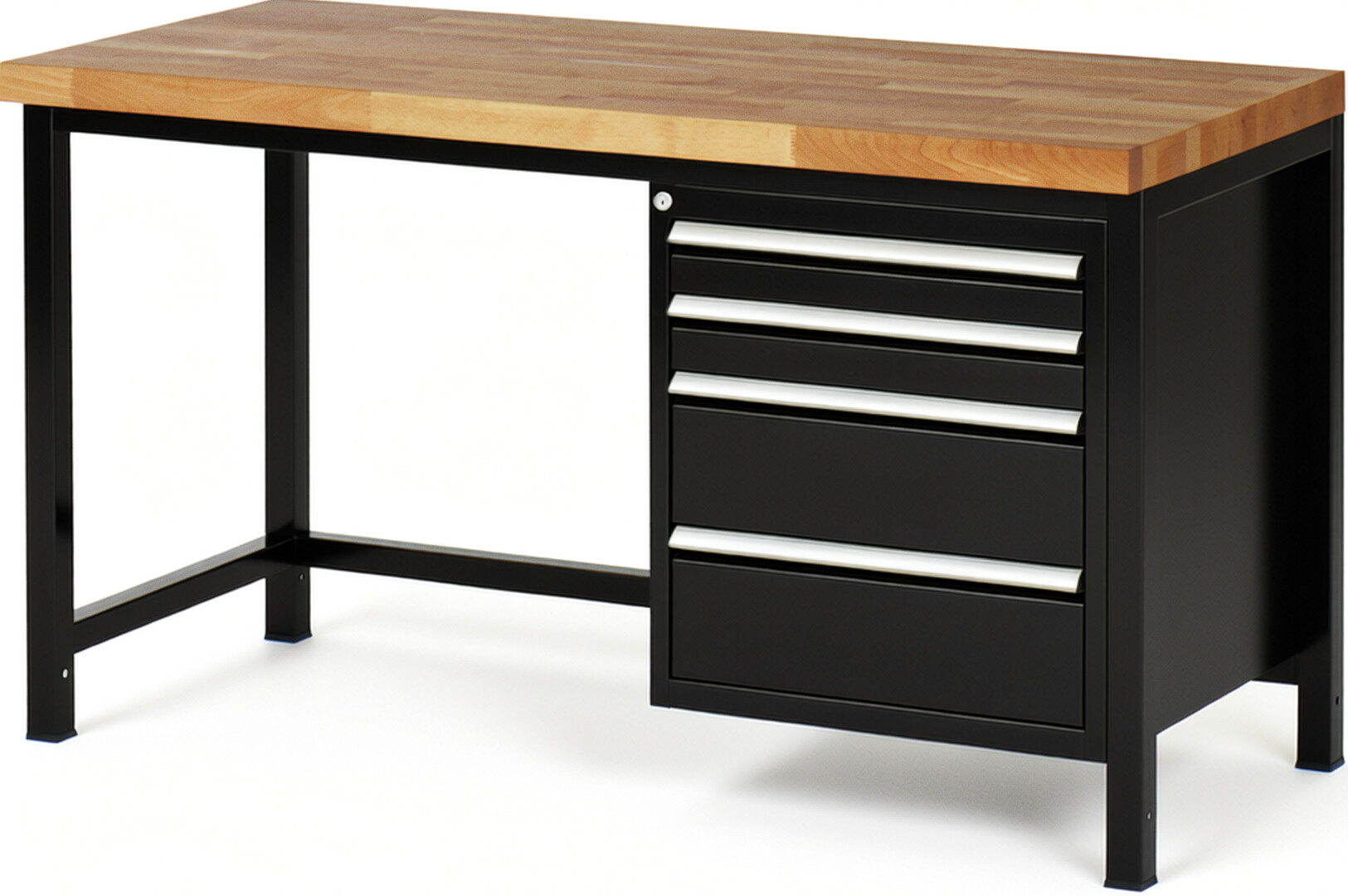 Werkbank Modell 8161 schwarz, BxTxH 1500x700x840-1040 mm,  Buche-Massiv Arbeitsplatte 40 mm,  4 Schubladen mit  Vollauszug 100 % und  SoftClosing