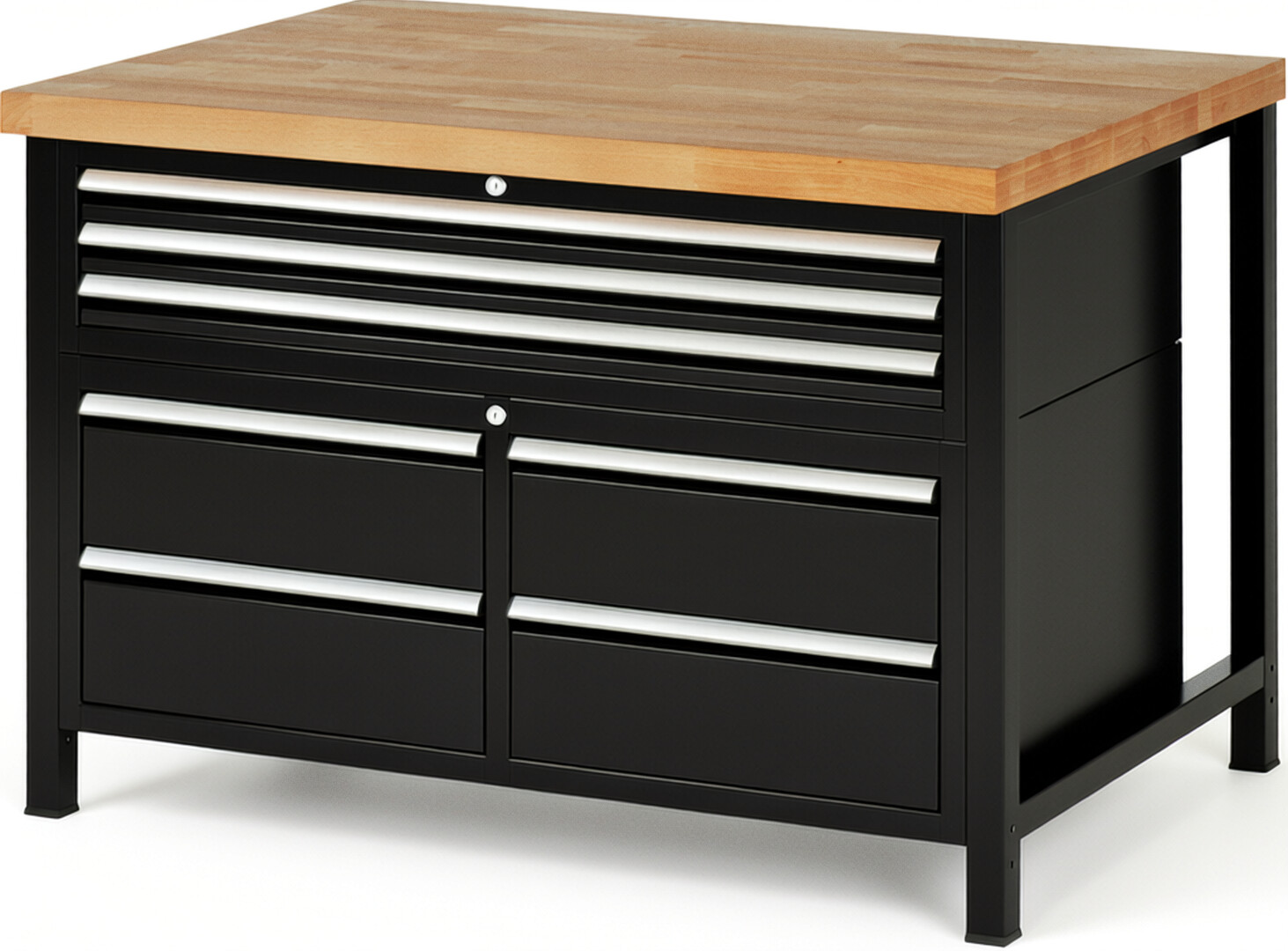 Werkbank Modell 8924 schwarz, BxTxH 1250x900x840 mm,  Buche-Massiv Arbeitsplatte 40 mm,  7 Schubladen mit  Auszug 90 %