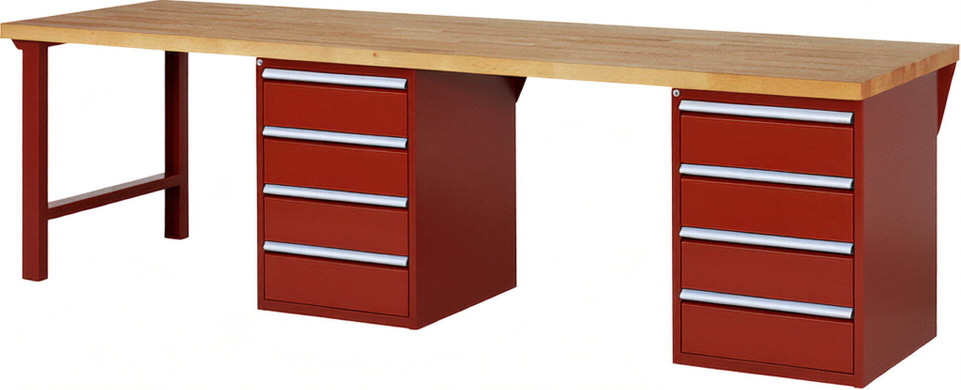 Werkbank Modell 7509 rot, BxTxH 3000x900x840 mm,  Buche-Massiv Arbeitsplatte 40 mm,  8 Schubladen mit  Auszug 90 %