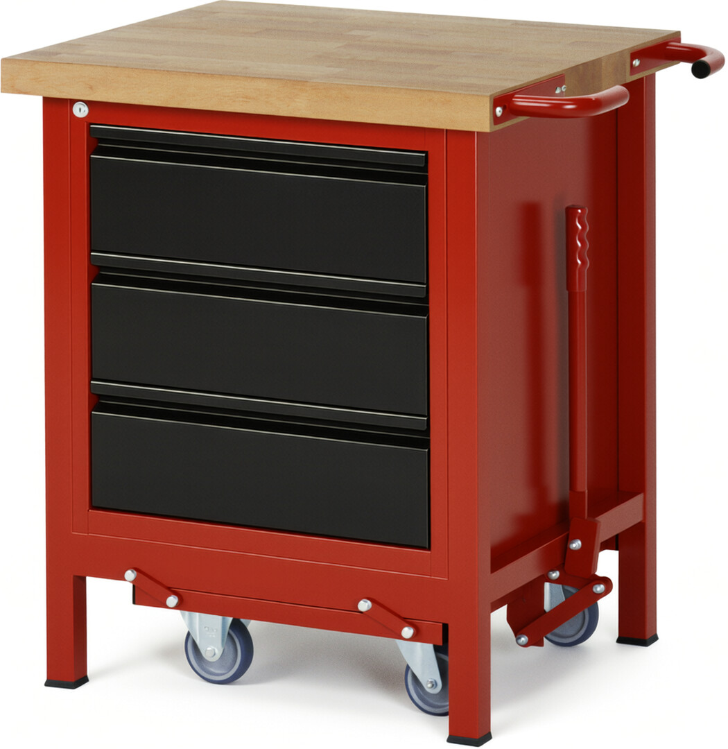 Absenkbare Werkbank - Modell 8157 BASIC rot - schwarz, BxTxH 750x700x880 mm,  Buche-Massiv Arbeitsplatte 40 mm,  3 Schubladen mit  Auszug 90 %