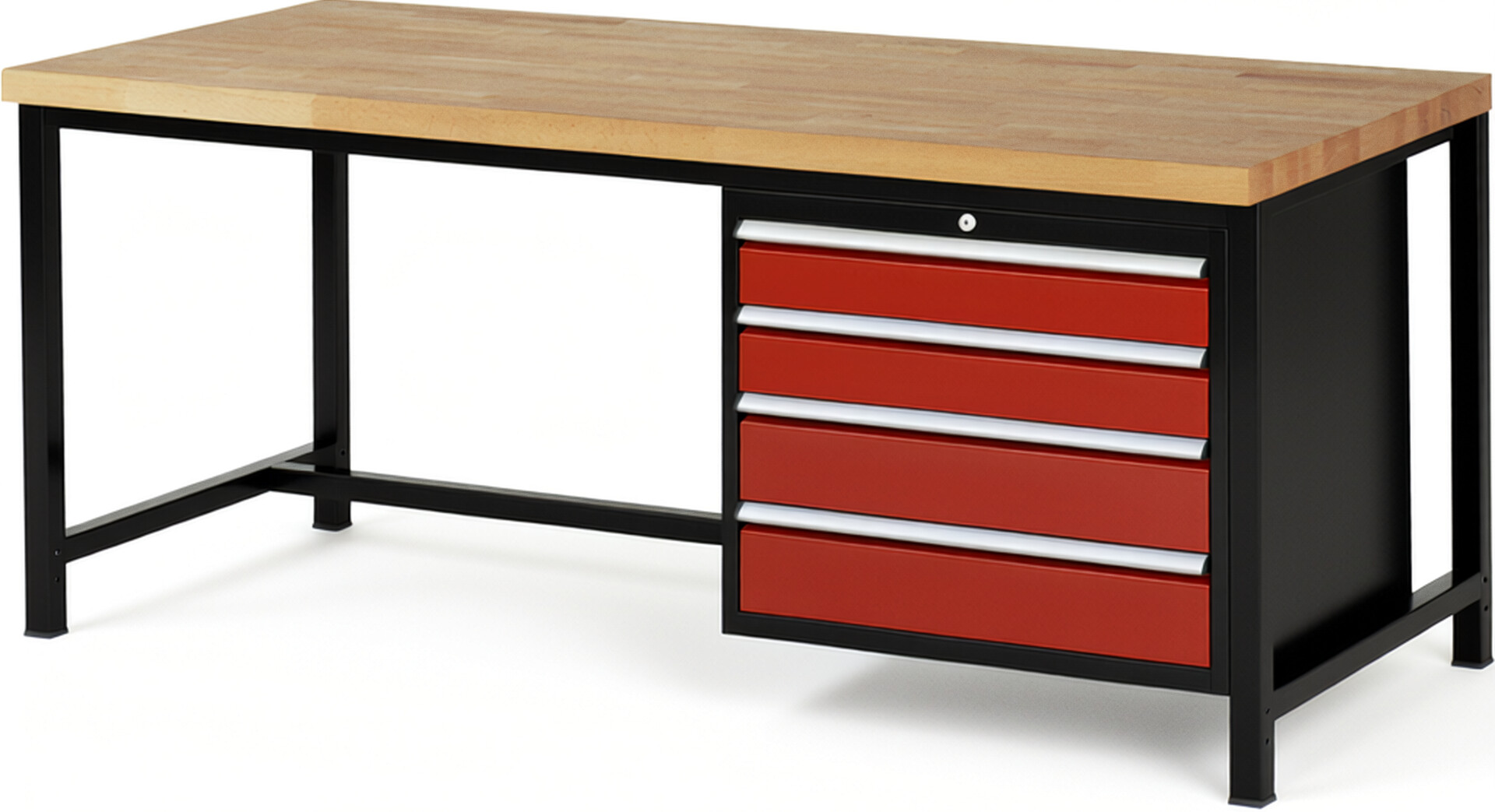 RAU Werkbank schwarz - rot - Breite 200 cm - Tiefe 90 cm - Höhe 104 cm - Buche-Massiv Arbeitsplatte 40 mm