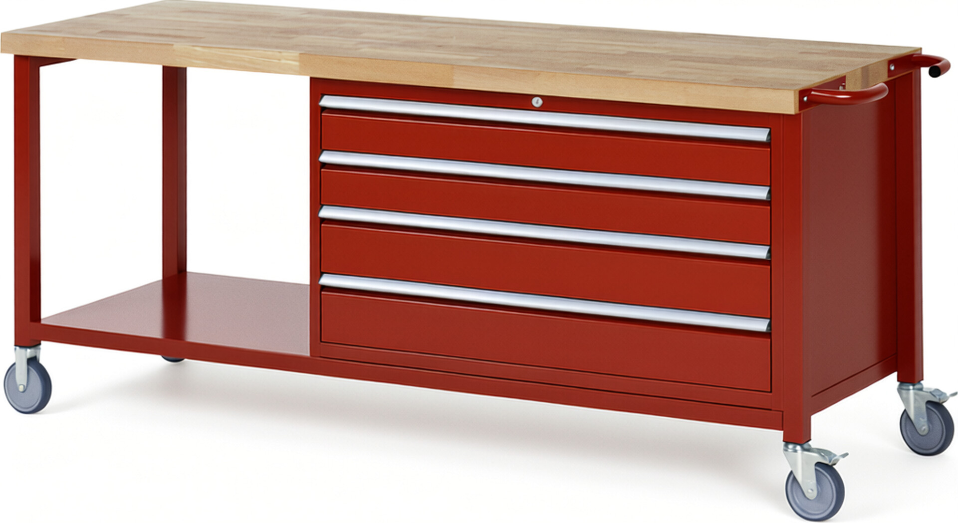 Fahrbare Werkbank Modell 8362 rot, BxTxH 2000x700x880 mm,  Buche-Massiv Arbeitsplatte 40 mm,  4 Schubladen mit  Auszug 90 %