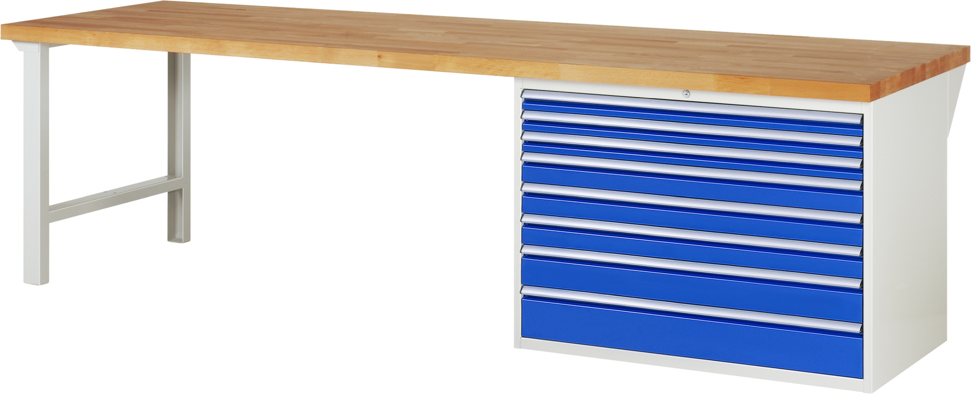 Werkbank Modell 7719 rot - schwarz, BxTxH 3000x900x890 mm,  Buche-Massiv Arbeitsplatte 40 mm,  8 Schubladen mit  Vollauszug 100 % und  SoftClosing