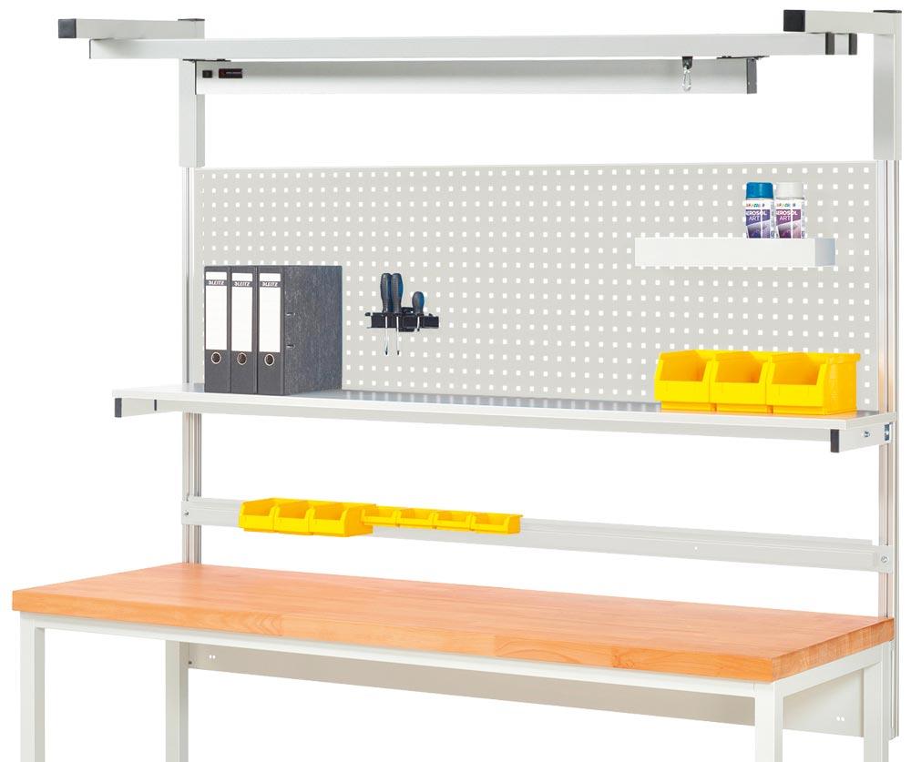 Aufbau für Werkbank B 2000 mm mit Auslegerpaar, 2 x Laufschiene, Laufwagen, LED-Leuchte, Lochplatte H 450mm, Halteschiene, RAL 7035