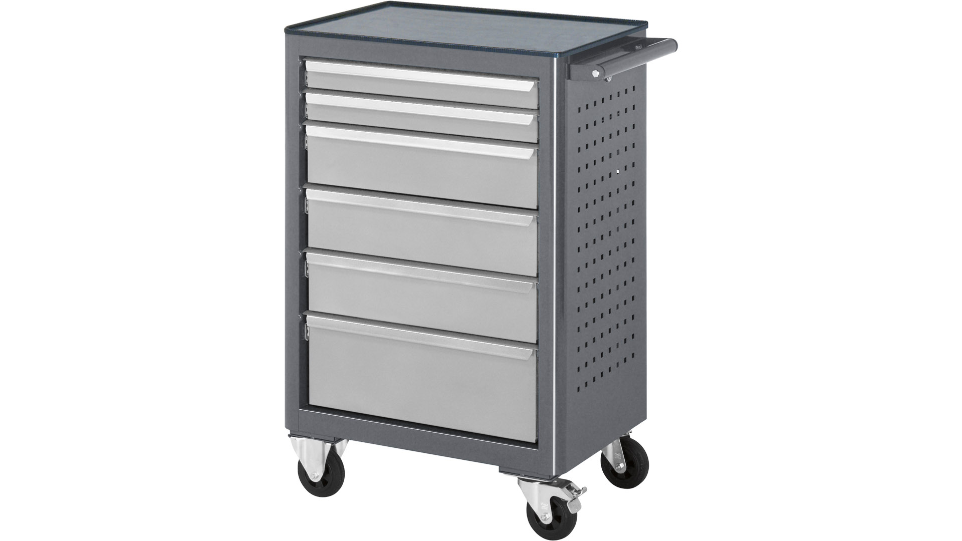 Werkstattwagen, Rollwerkbank mit ABS-Ablage, 6 Schubladen: 2x65, 3x125, 1x190 mm, BxTxH 675x450x950 mm, RAL7016/RAL7035