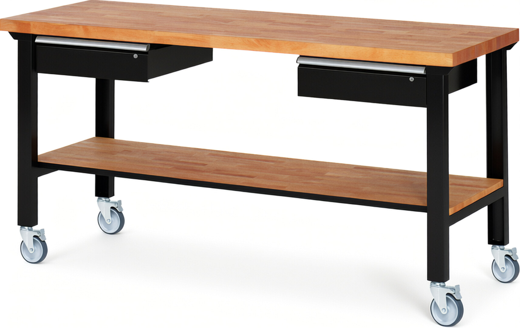 RAU Werkbank schwarz - Breite 200 cm - Tiefe 70 cm - Höhe 100 cm - Buche-Massiv Arbeitsplatte 40 mm