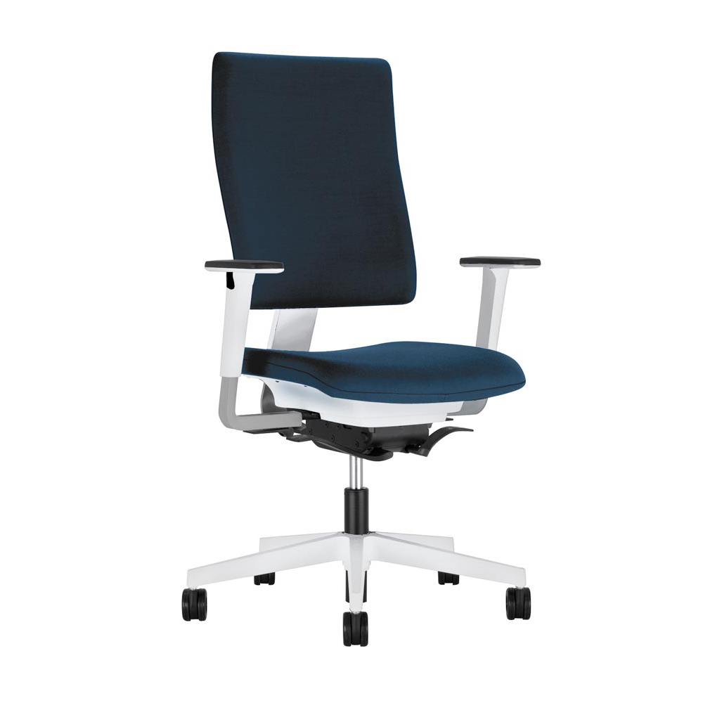 Bürodrehstuhl, Sitz-BxTxH 475x400-470x420-550 mm, Lehnenh. 540-600 mm, Synchronm., Muldensitz, Sitztiefenverstellung, inkl. Armlehnen, weiß/blau