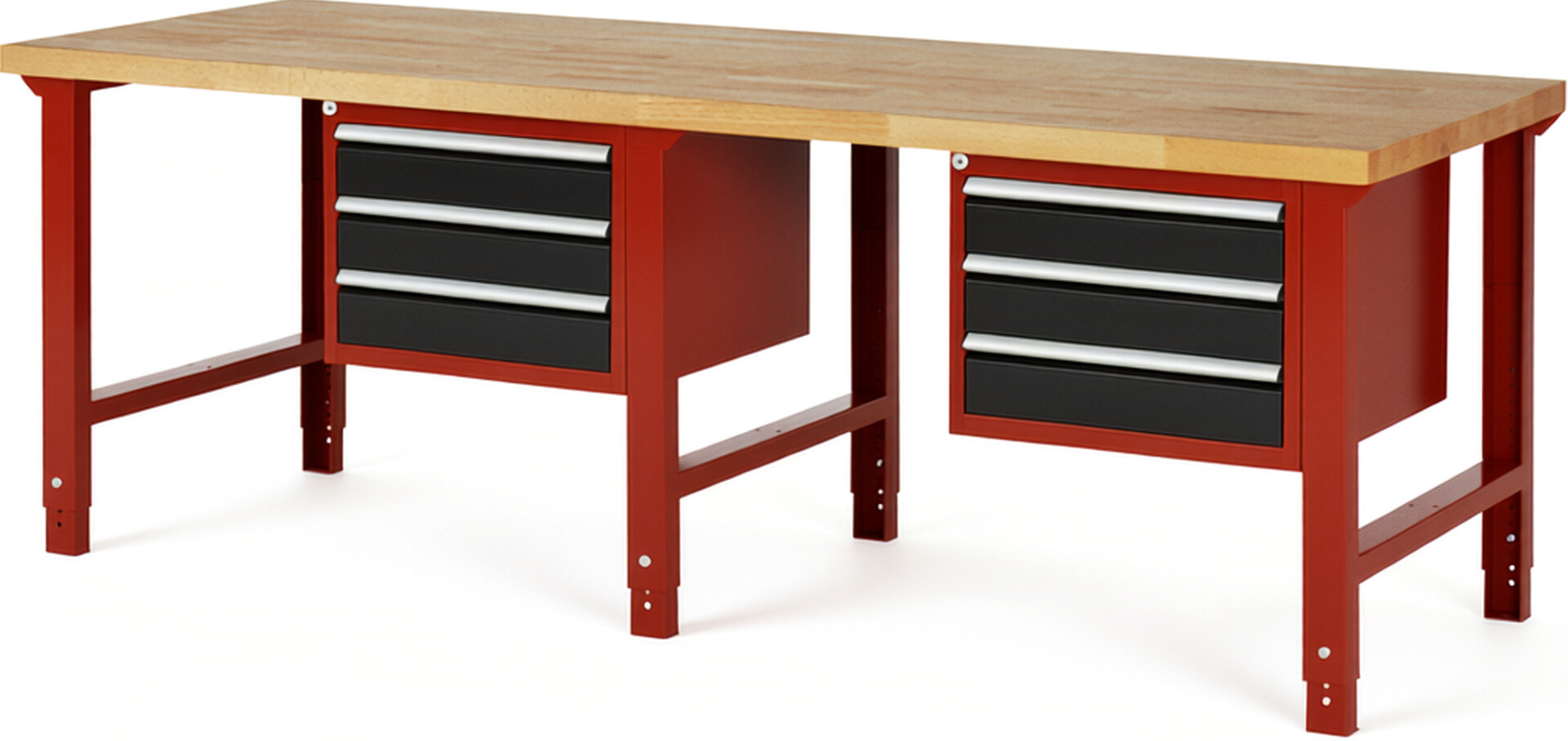 Werkbank Modell 7127 rot - schwarz, BxTxH 2500x900x790-1140 mm,  Buche-Massiv Arbeitsplatte 40 mm,  6 Schubladen mit  Vollauszug 100 % und  SoftClosing