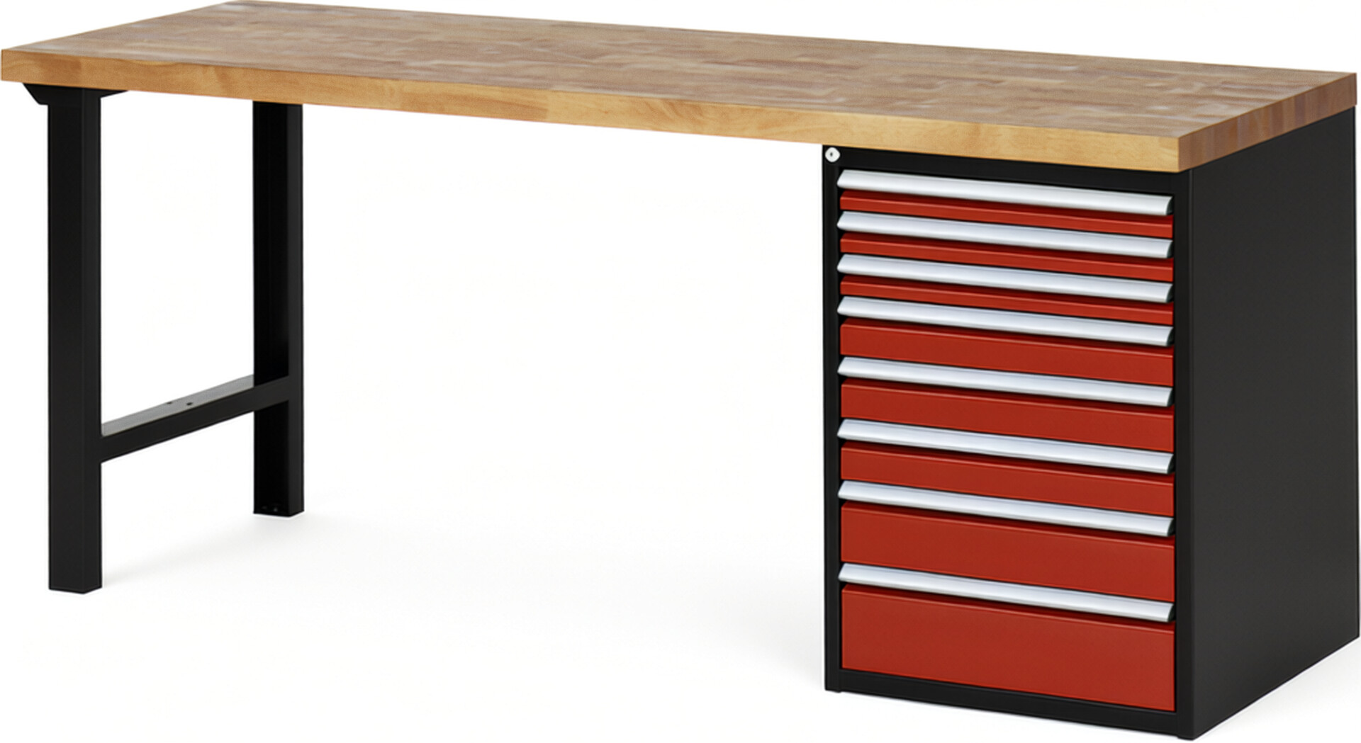 RAU Werkbank schwarz - rot - Breite 200 cm - Tiefe 70 cm - Höhe 84 cm - Buche-Massiv Arbeitsplatte 40 mm