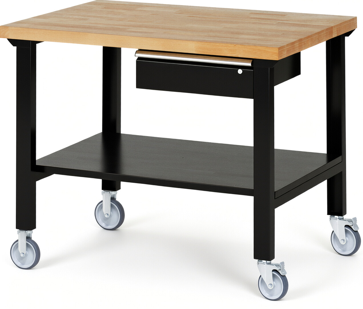 RAU Werkbank schwarz - Breite 125 cm - Tiefe 90 cm - Höhe 100 cm - Buche-Massiv Arbeitsplatte 40 mm