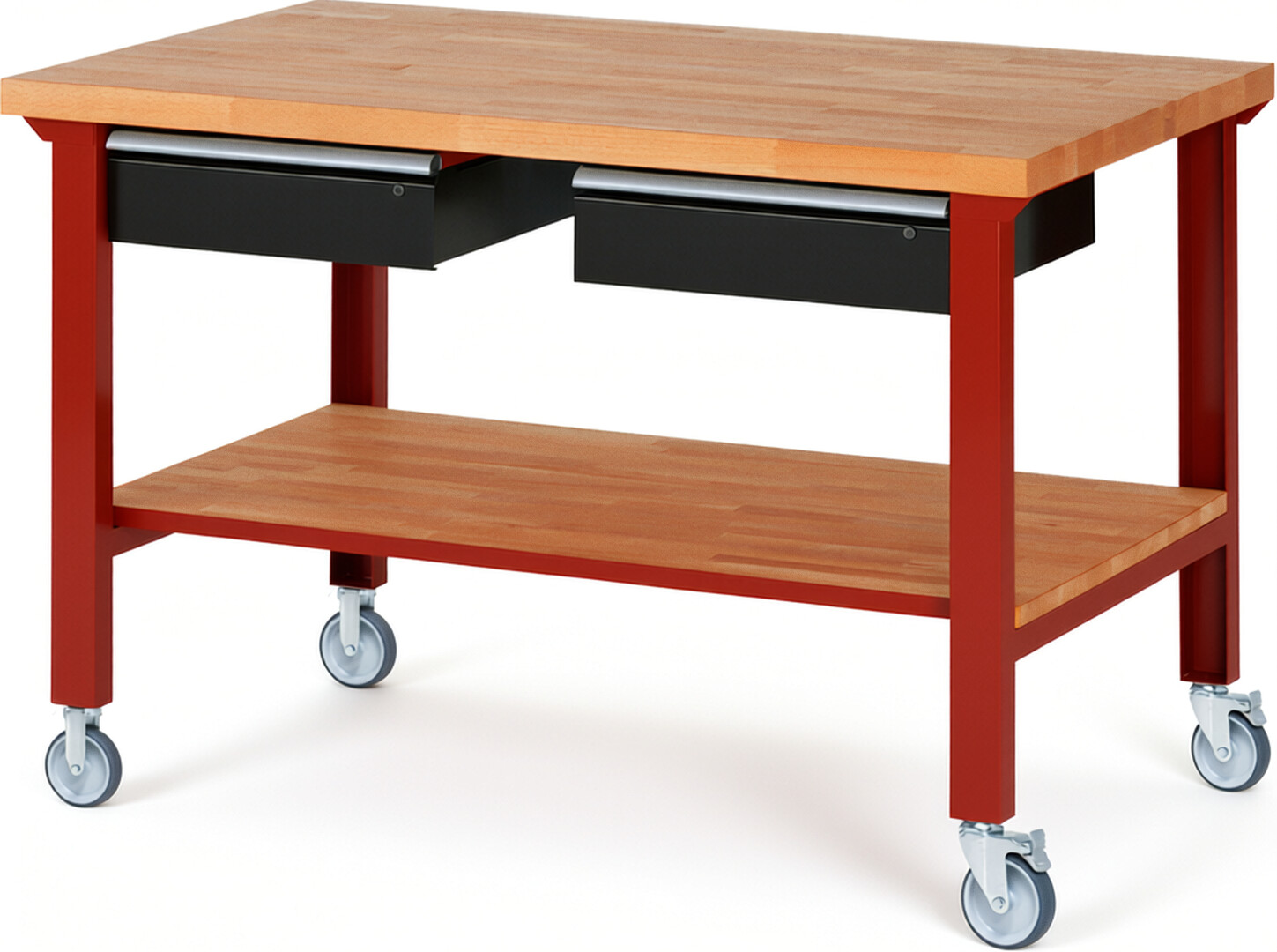 RAU Werkbank rot - schwarz - Breite 150 cm - Tiefe 90 cm - Höhe 100 cm - Buche-Massiv Arbeitsplatte 40 mm