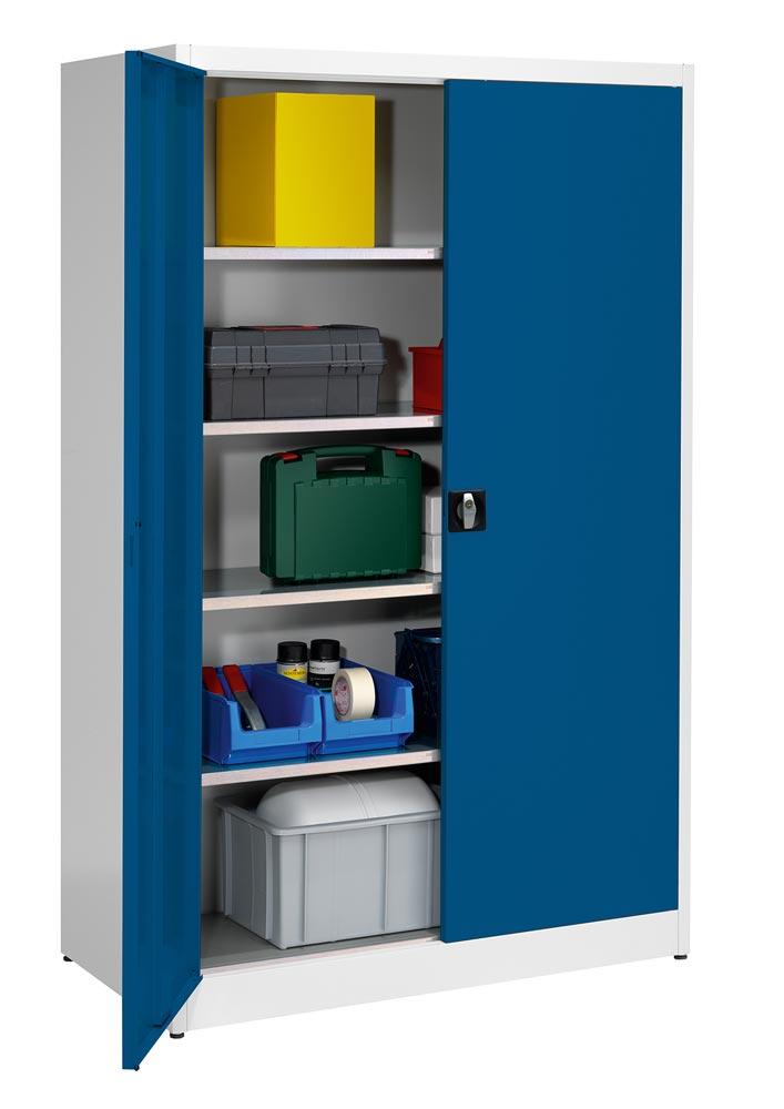 Flügeltürenschrank, 4 verzinkte Fachböden,  Fachböden,BxTxH 1200x600x1965 mm, RAL7035/5010