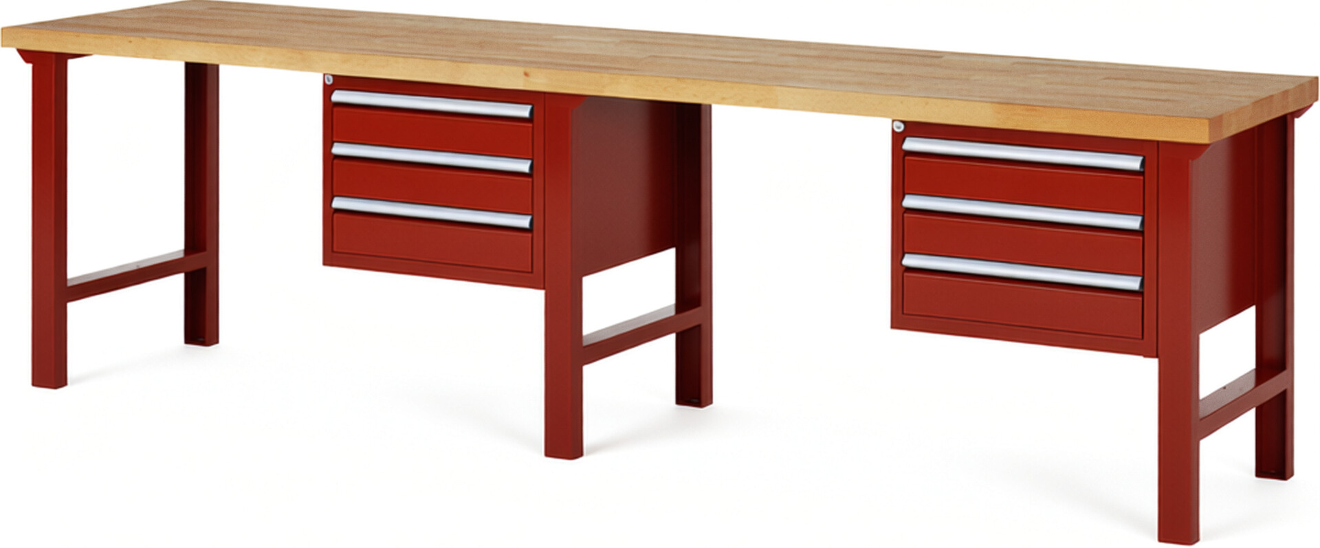 Werkbank Modell 7127 rot, BxTxH 3000x700x840 mm,  Buche-Massiv Arbeitsplatte 40 mm,  6 Schubladen mit  Vollauszug 100 % und  SoftClosing