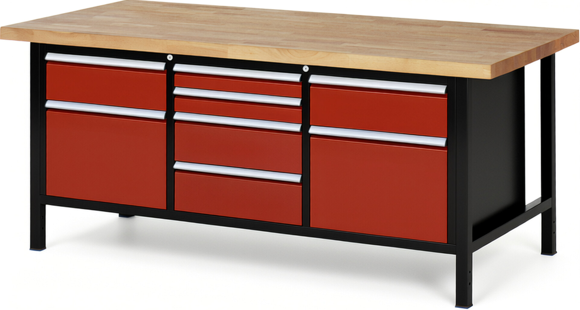 RAU Werkbank schwarz - rot - Breite 200 cm - Tiefe 90 cm - Höhe 104 cm - Buche-Massiv Arbeitsplatte 40 mm