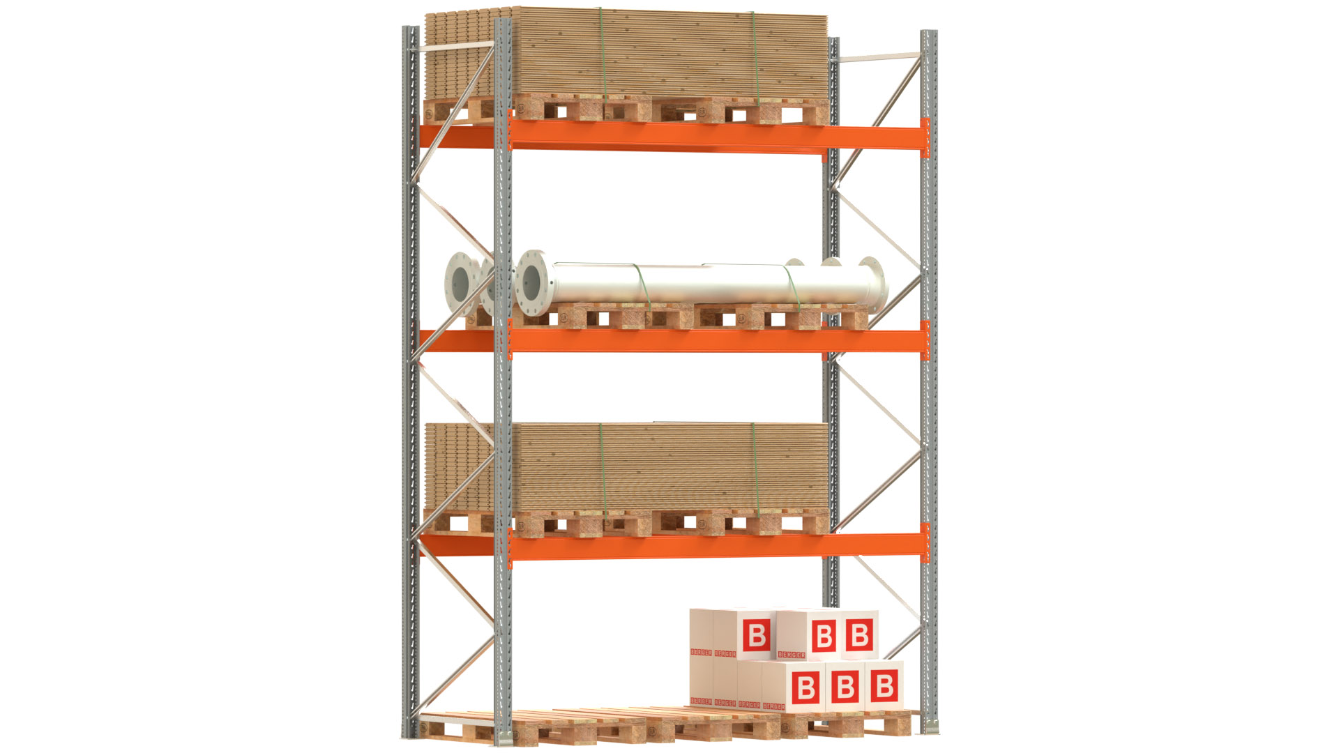 Palettenregal ARTUS - Breite 287 cm - Höhe 400 cm - Tiefe 110 cm - 3 Träger-Ebenen - Fachlast 3000 kg - 12 Palettenstellplätze