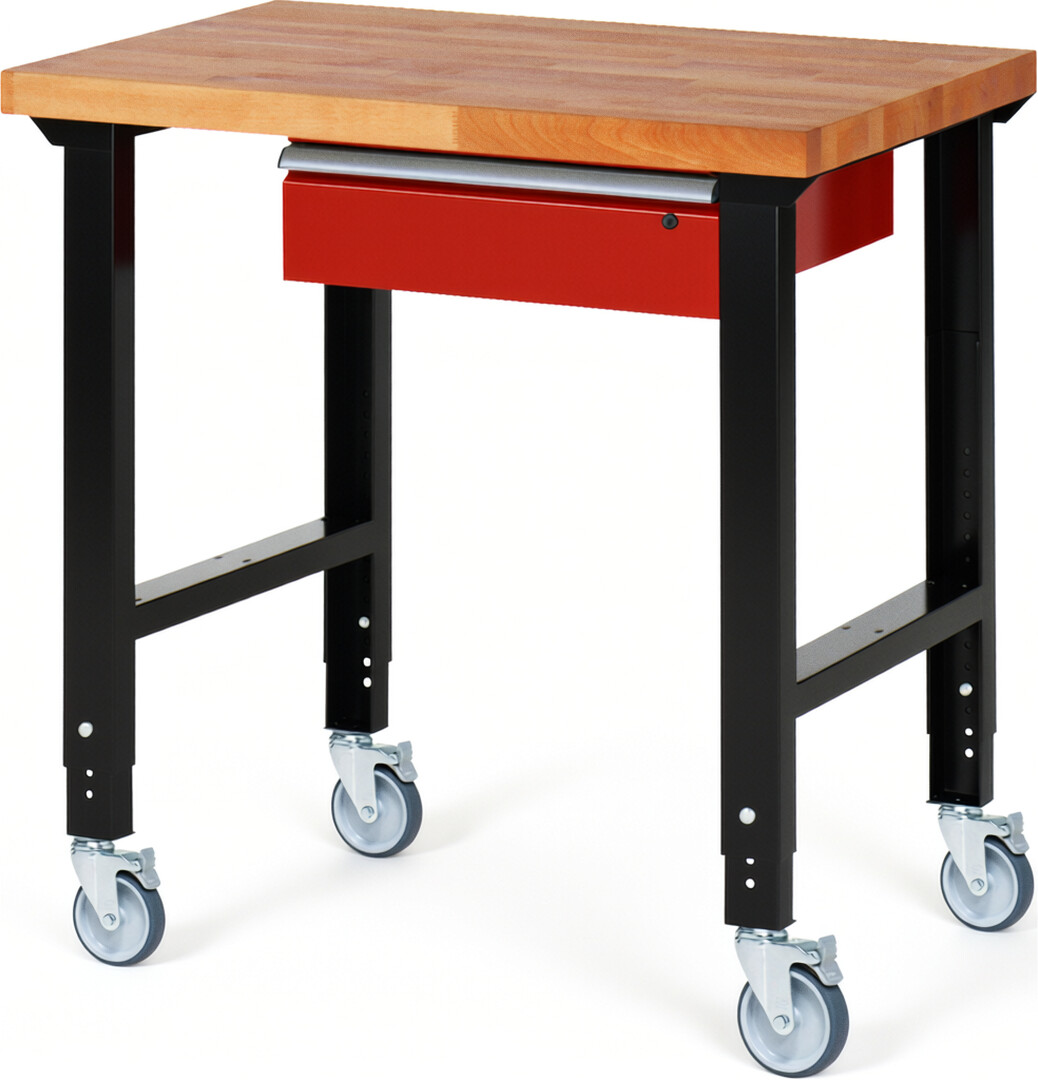 Fahrbare Werkbank Modell 7001 schwarz-rot, BxTxH 1000x700x950-1000 mm,  Buche-Massiv Arbeitsplatte 40 mm,  1 Schublade mit  Auszug 90 %