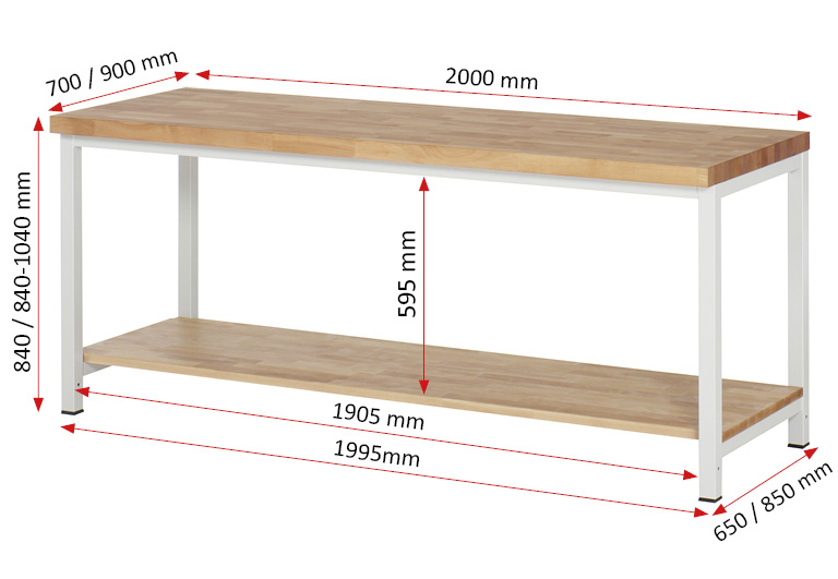 Werkbank Modell 8000 schwarz, BxTxH 2000x700x840-1040 mm,  Buche-Massiv Arbeitsplatte 40 mm