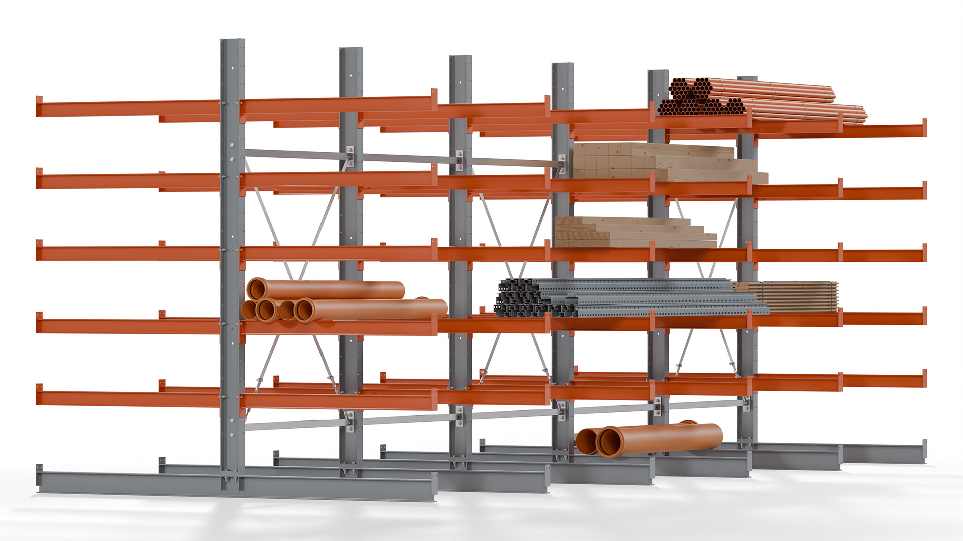 Kragarmregal KARL basic - lackiert - Breite: 640 cm - Höhe: 250 cm - Tiefe: 120 cm - Traglast je Kragarm: 370 kg - beidseitig