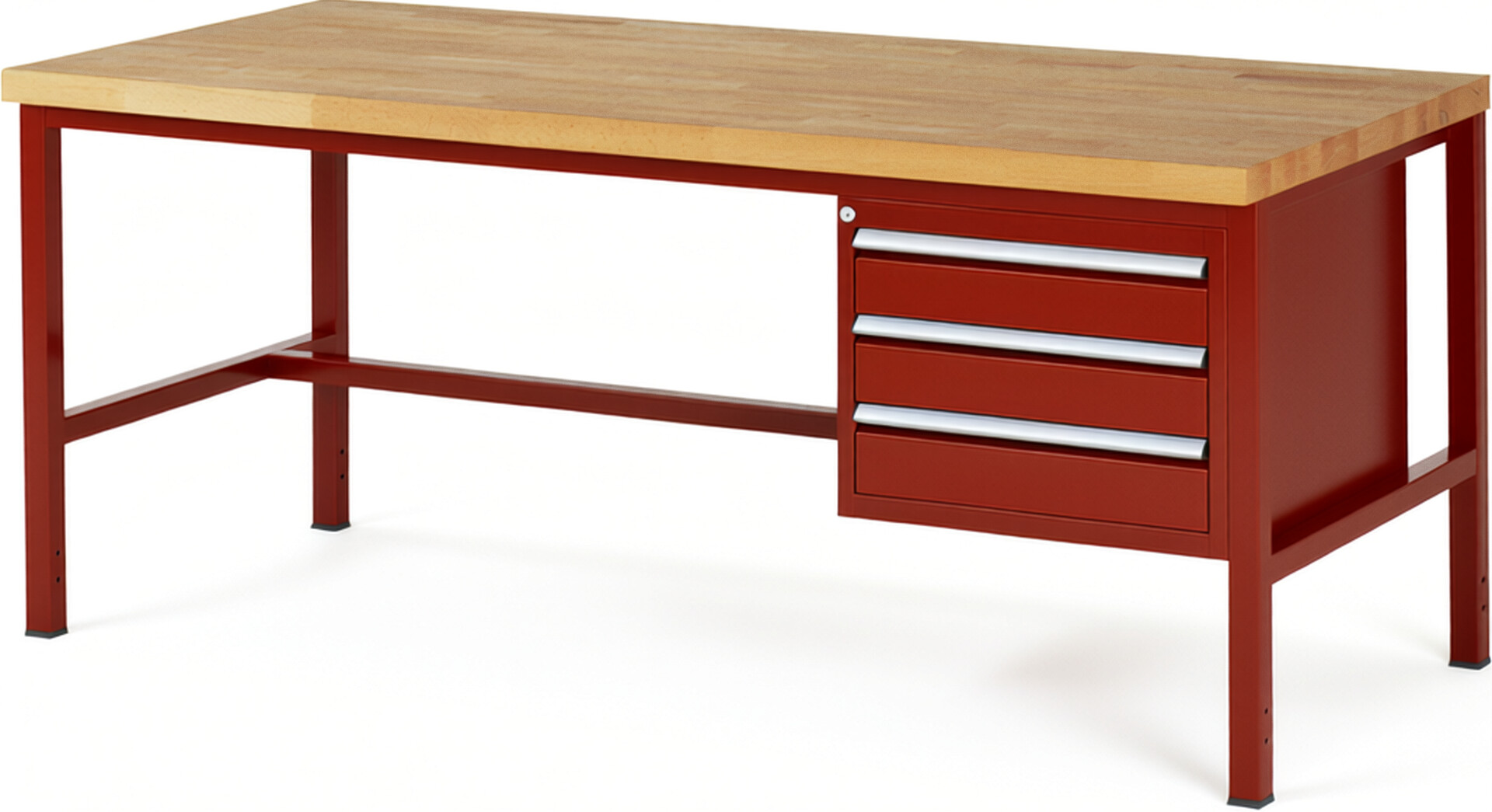 Werkbank Modell 8127 rot, BxTxH 2000x900x840-1040 mm,  Buche-Massiv Arbeitsplatte 40 mm,  3 Schubladen mit  Auszug 90 %