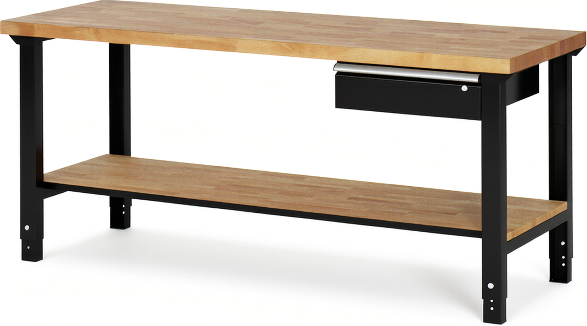 Werkbank Modell 7001 schwarz, BxTxH 2000x700x790-1140 mm,  Buche-Massiv Arbeitsplatte 40 mm,  1 Schublade mit  Auszug 90 %