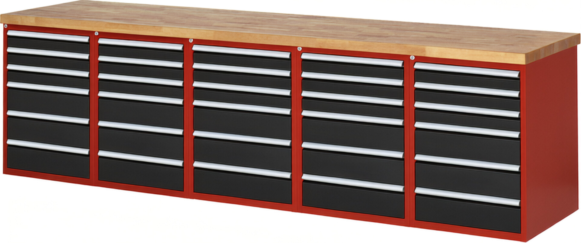 Werkbank Modell 7515 rot - schwarz, BxTxH 3000x700x840 mm,  Buche-Massiv Arbeitsplatte 40 mm,  30 Schubladen mit  Auszug 90 %