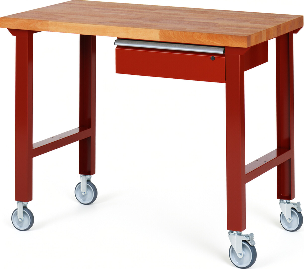 Fahrbare Werkbank Modell 7001 rot, BxTxH 1250x700x1000 mm,  Buche-Massiv Arbeitsplatte 40 mm,  1 Schublade mit  Auszug 90 %