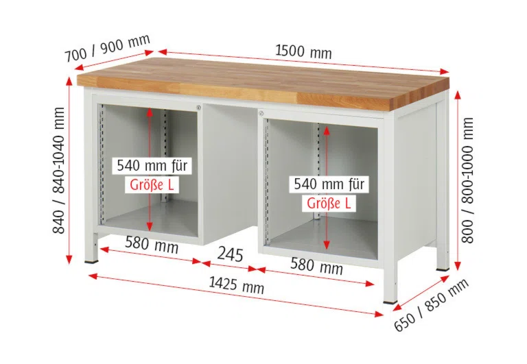 Werkbank Modell 8181 schwarz, BxTxH 1500x900x840 mm,  Buche-Massiv Arbeitsplatte 40 mm,  8 Schubladen mit  Vollauszug 100 % und  SoftClosing