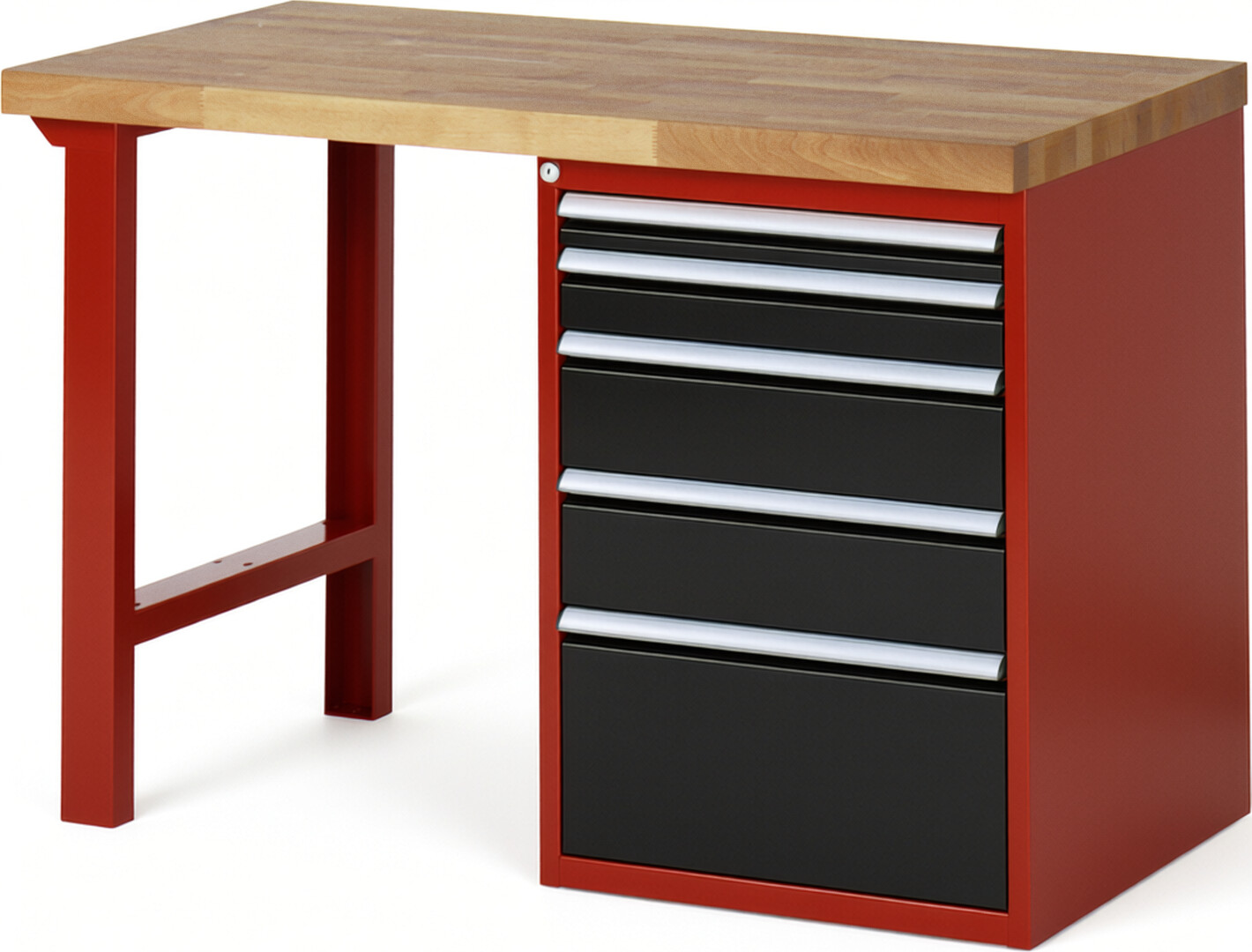 Werkbank Modell 7511 rot - schwarz, BxTxH 1250x700x840 mm,  Buche-Massiv Arbeitsplatte 40 mm,  5 Schubladen mit  Vollauszug 100 % und  SoftClosing