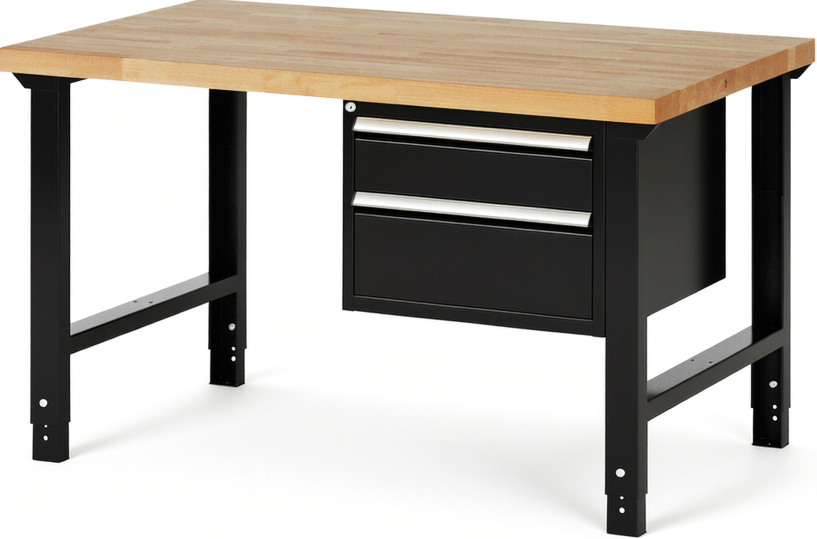 Werkbank Modell 7123 schwarz, BxTxH 1500x900x790-1140 mm,  Buche-Massiv Arbeitsplatte 40 mm,  2 Schubladen mit  Auszug 90 %