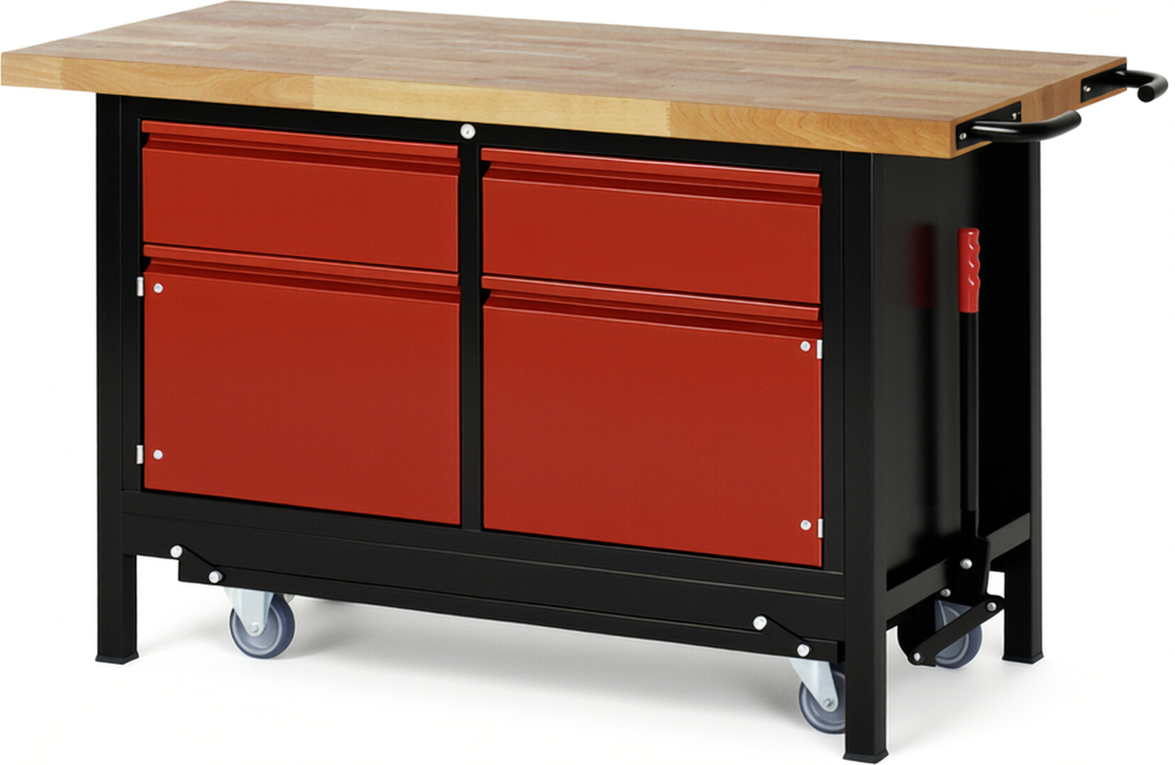 RAU Werkbank schwarz - rot - Breite 150 cm - Tiefe 70 cm - Höhe 88 cm - Buche-Massiv Arbeitsplatte 40 mm