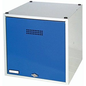 Schließfachwürfel, BxTxH 400x500x400 mm, Tür glatt, Lochrosetten und Etikettenrahmen, Fachboden, Drehriegel, RAL 7035/5010