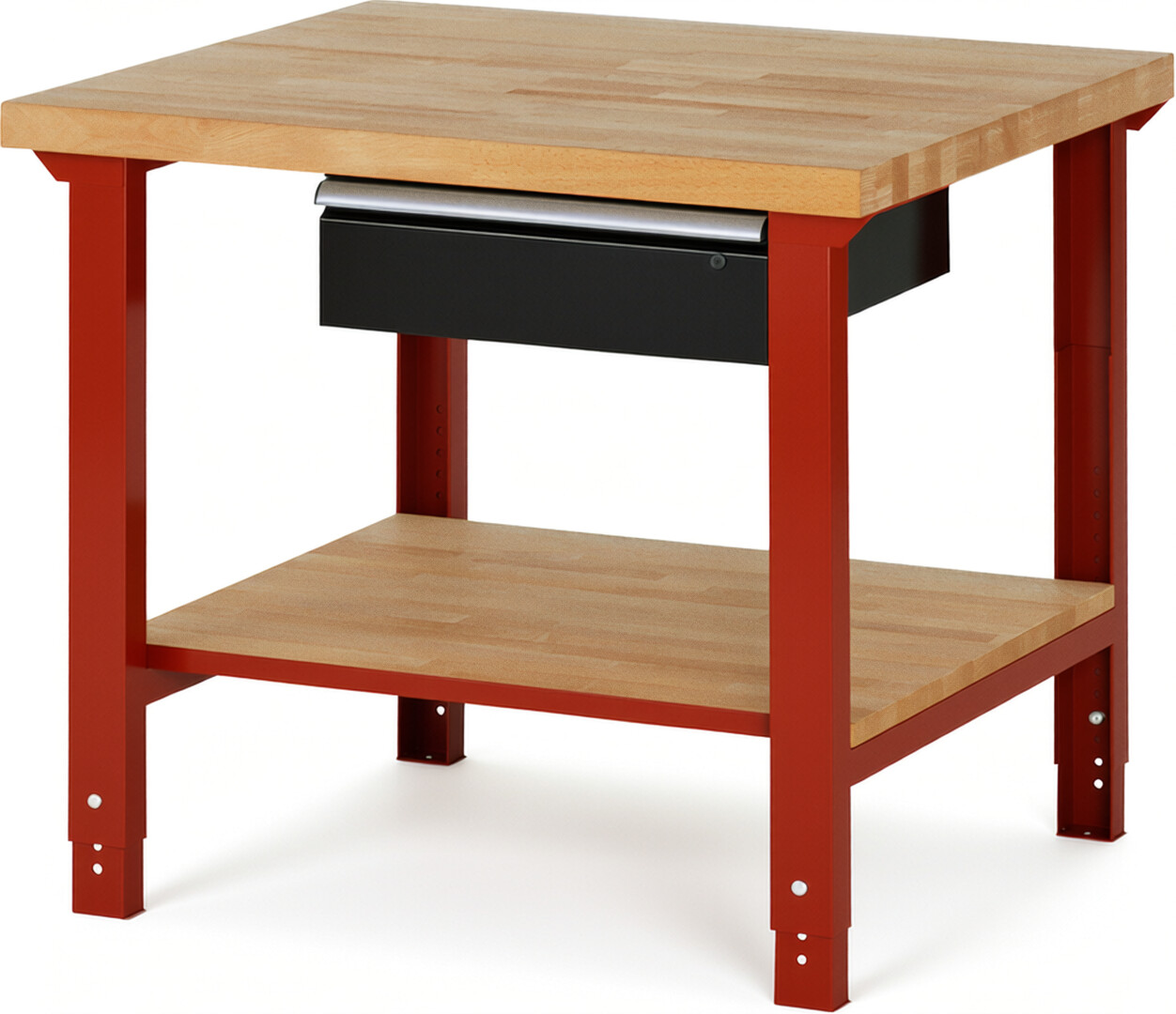 Werkbank Modell 7001 rot - schwarz, BxTxH 1000x900x790-1140 mm,  Buche-Massiv Arbeitsplatte 40 mm,  1 Schublade mit  Auszug 90 %