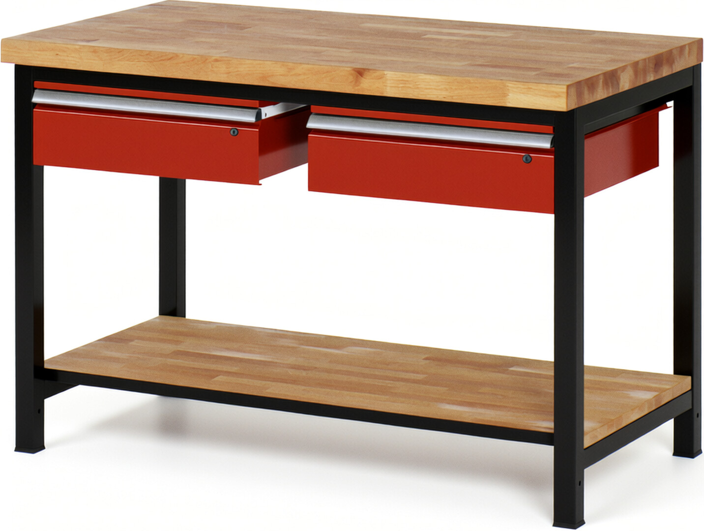 RAU Werkbank schwarz - rot - Breite 125 cm - Tiefe 70 cm - Höhe 104 cm - Buche-Massiv Arbeitsplatte 40 mm