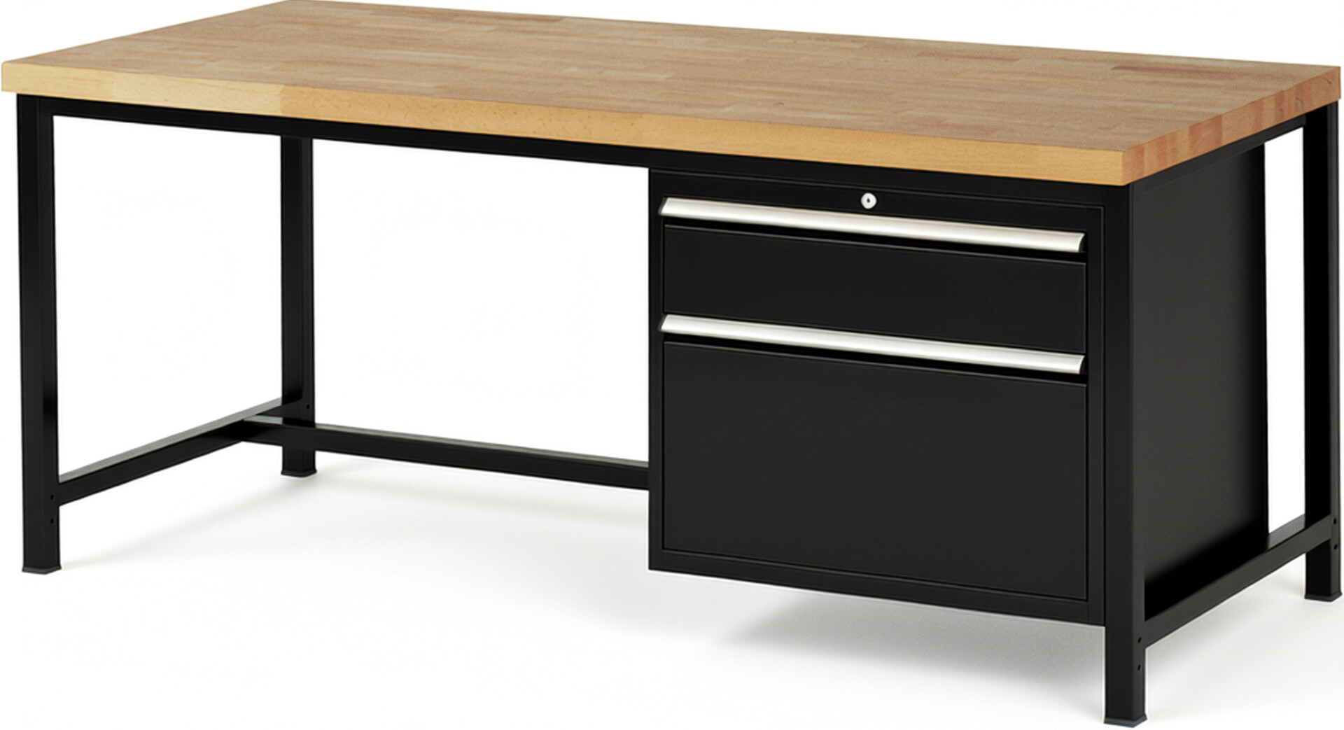 Werkbank Modell 8256 schwarz, BxTxH 2000x900x840 mm,  Buche-Massiv Arbeitsplatte 40 mm,  2 Schubladen mit  Auszug 90 %