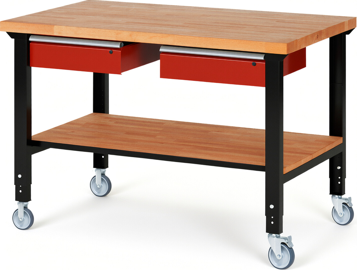 Fahrbare Werkbank Modell 7002 schwarz-rot, BxTxH 1500x900x950-1000 mm,  Buche-Massiv Arbeitsplatte 40 mm,  2 Schubladen mit  Auszug 90 %