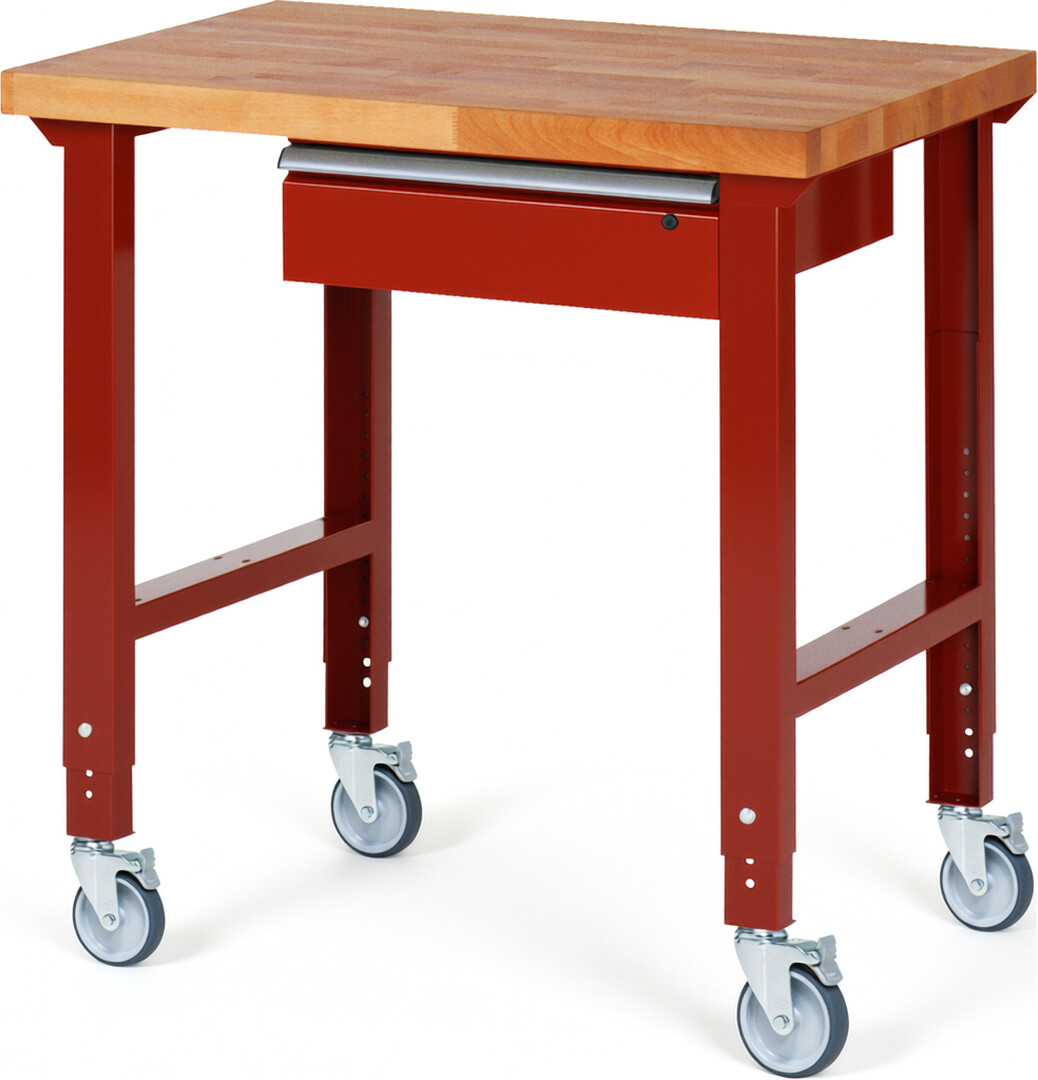 Fahrbare Werkbank Modell 7001 rot, BxTxH 1000x700x950-1000 mm,  Buche-Massiv Arbeitsplatte 40 mm,  1 Schublade mit  Auszug 90 %