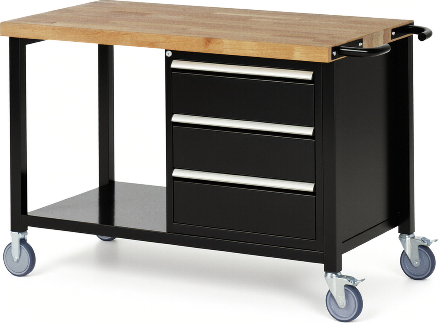 RAU Werkbank schwarz - Breite 125 cm - Tiefe 70 cm - Höhe 108 cm - Buche-Massiv Arbeitsplatte 40 mm