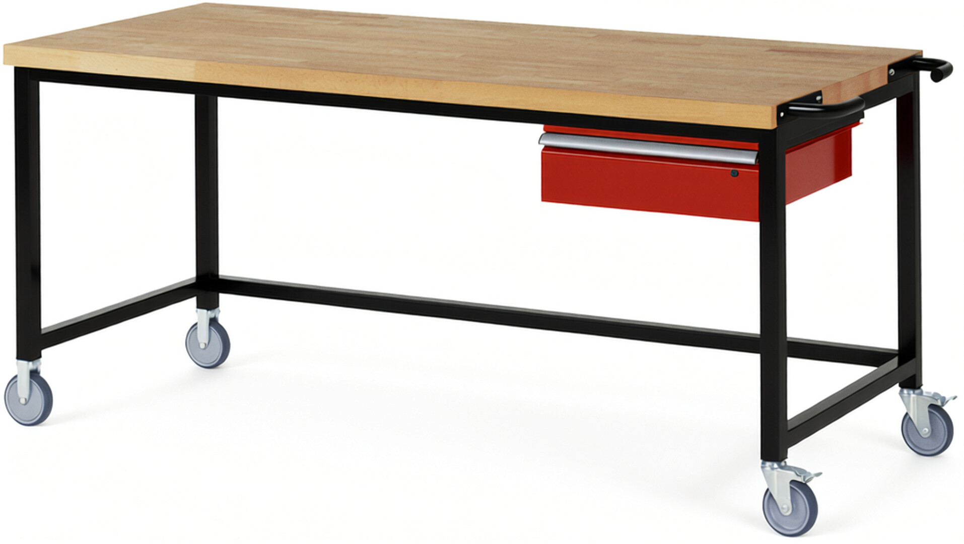 Fahrbare Werkbank Modell 8001 schwarz-rot, BxTxH 2000x900x880-1080 mm,  Buche-Massiv Arbeitsplatte 40 mm,  1 Schublade mit  Auszug 90 %