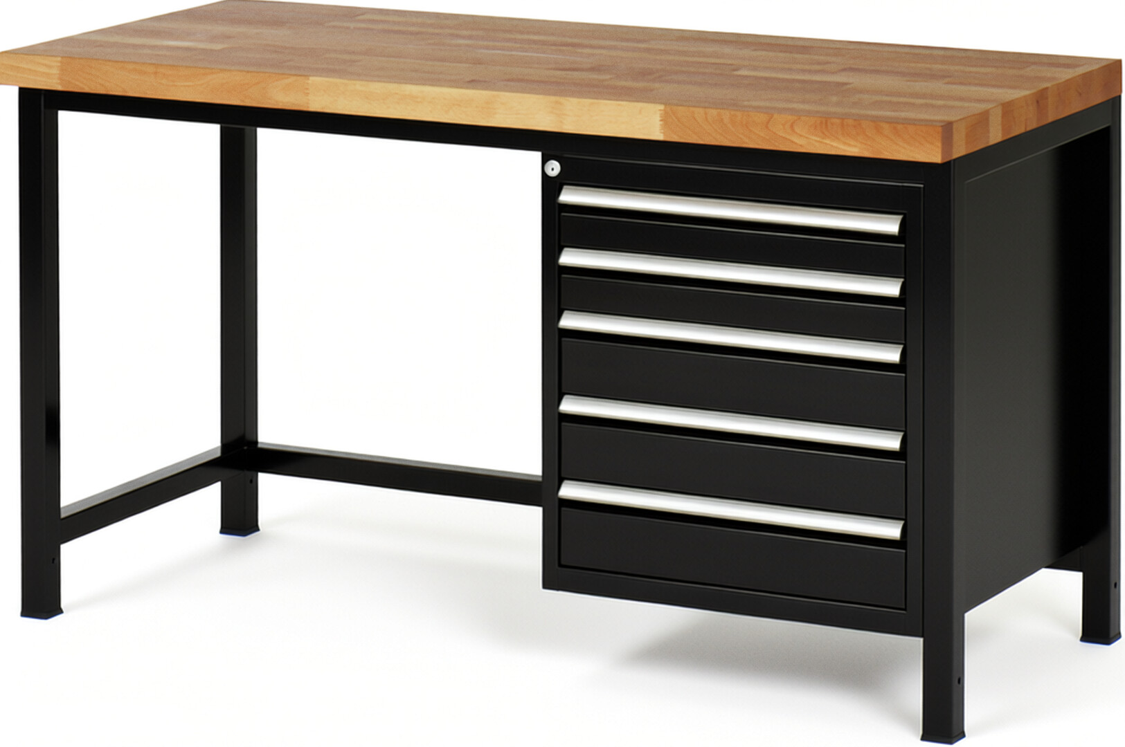Werkbank Modell 8171 schwarz, BxTxH 1500x700x840-1040 mm,  Buche-Massiv Arbeitsplatte 40 mm,  5 Schubladen mit  Auszug 90 %