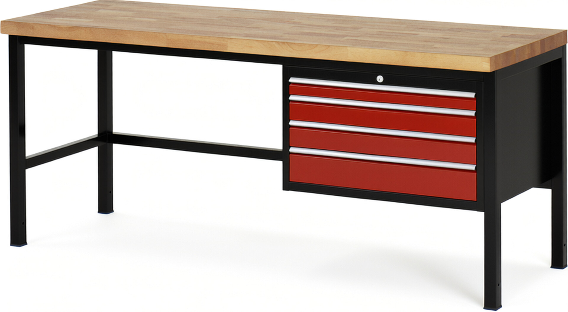 RAU Werkbank schwarz - rot - Breite 200 cm - Tiefe 70 cm - Höhe 104 cm - Buche-Massiv Arbeitsplatte 40 mm