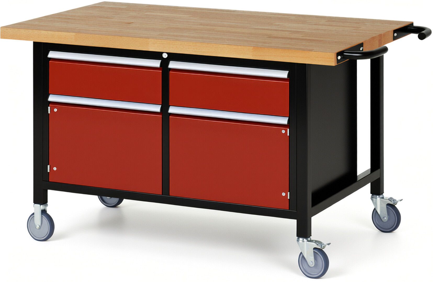 RAU Werkbank schwarz - rot - Breite 150 cm - Tiefe 90 cm - Höhe 88 cm - Buche-Massiv Arbeitsplatte 40 mm